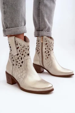 Zazoo 3394 Damskie Botki Na Obcasie Ażurowe Złote