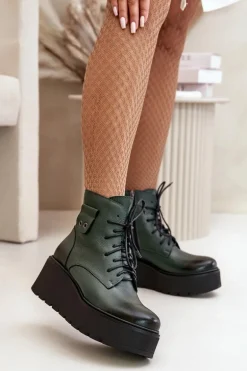 Zazoo 60499 Damskie Botki Na Platformie I Koturnie Ocieplane Skóra Naturalna Ciemnozielone