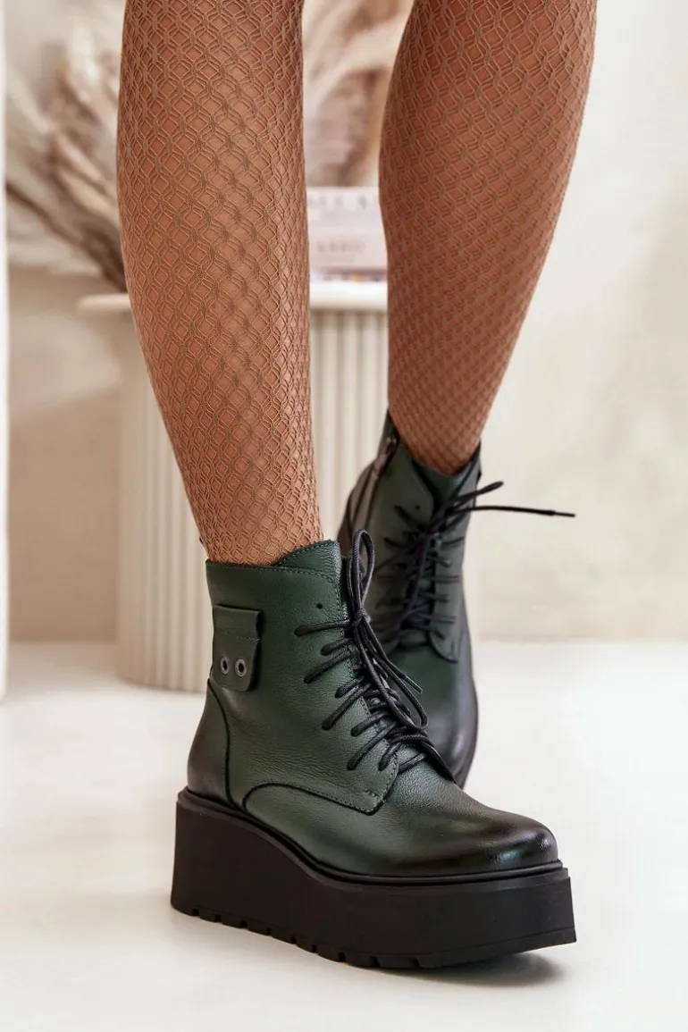 Zazoo 60499 Damskie Botki Na Platformie I Koturnie Ocieplane Skóra Naturalna Ciemnozielone