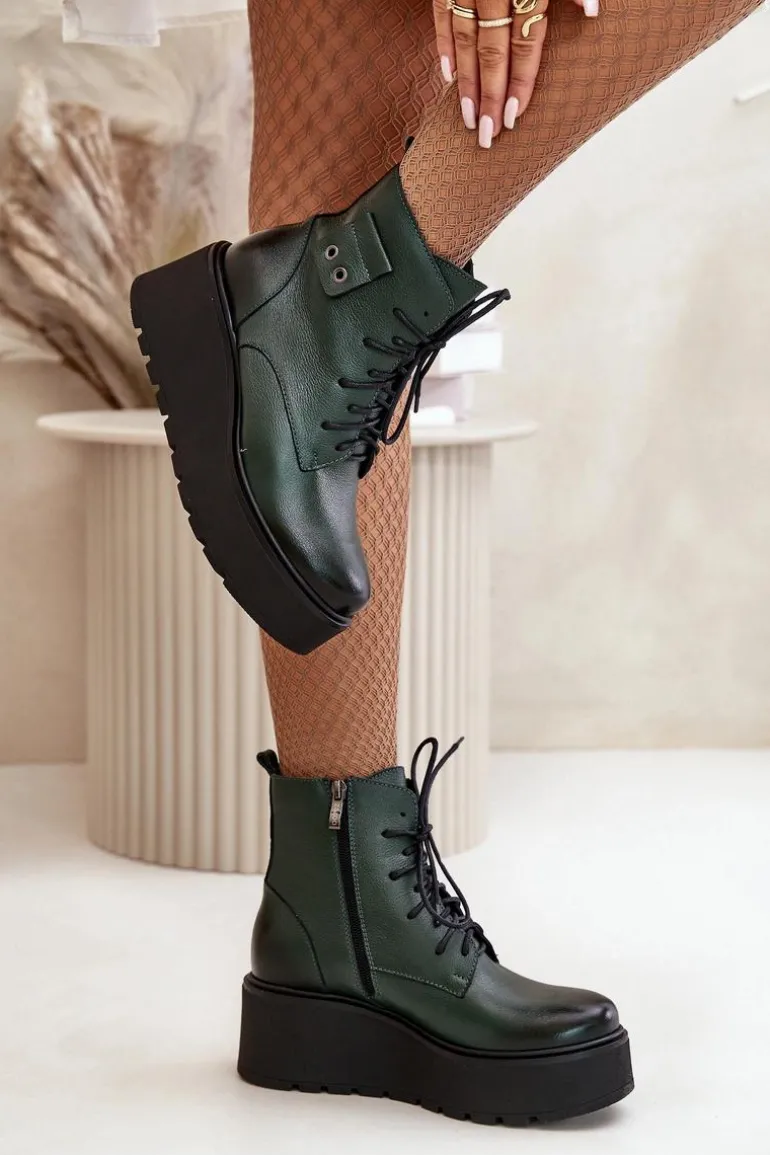 Zazoo 60499 Damskie Botki Na Platformie I Koturnie Ocieplane Skóra Naturalna Ciemnozielone