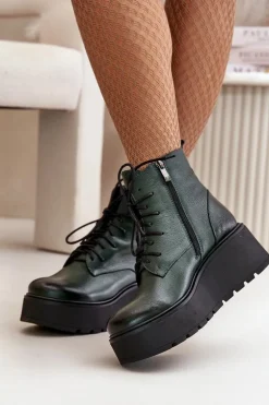 Zazoo 60499 Damskie Botki Na Platformie I Koturnie Ocieplane Skóra Naturalna Ciemnozielone
