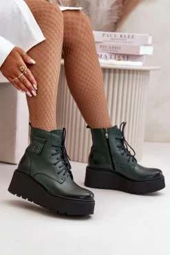 Zazoo 60499 Damskie Botki Na Platformie I Koturnie Ocieplane Skóra Naturalna Ciemnozielone