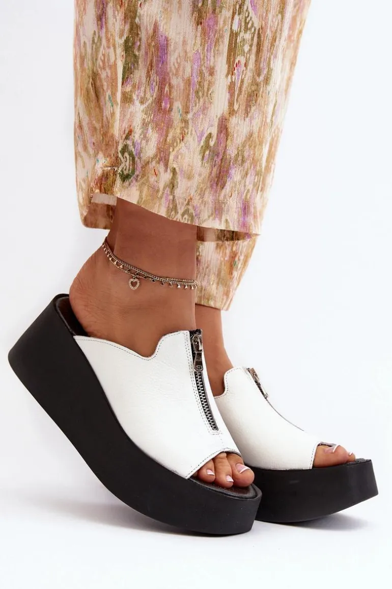 Zazoo 2916 Damskie Klapki Na Masywnej Platformie Z Suwakiem Białe