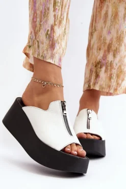 Zazoo 2916 Damskie Klapki Na Masywnej Platformie Z Suwakiem Białe