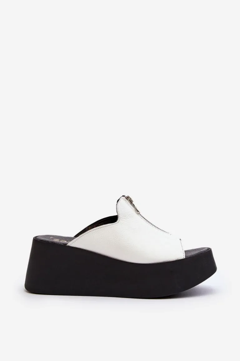 Zazoo 2916 Damskie Klapki Na Masywnej Platformie Z Suwakiem Białe