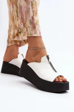 Zazoo 2916 Damskie Klapki Na Masywnej Platformie Z Suwakiem Białe