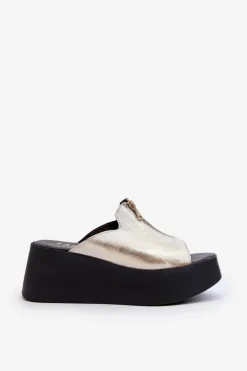 Zazoo 2916 Damskie Klapki Na Masywnej Platformie Z Suwakiem Złote