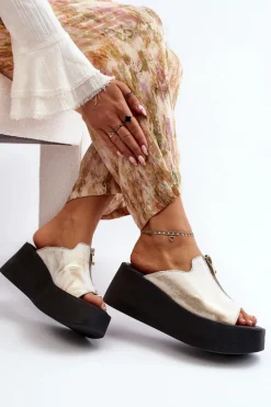 Zazoo 2916 Damskie Klapki Na Masywnej Platformie Z Suwakiem Złote