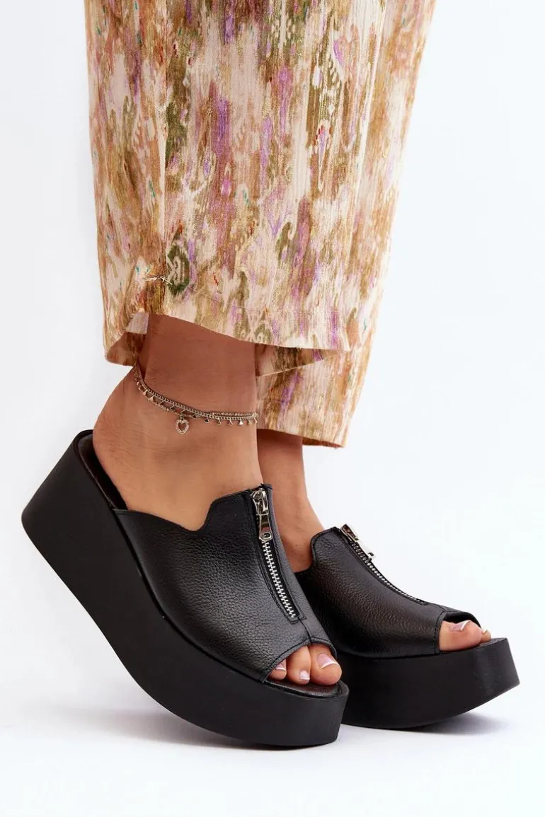 Zazoo 2916 Damskie Klapki Na Masywnej Platformie Z Suwakiem Czarne