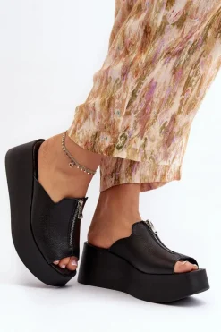 Zazoo 2916 Damskie Klapki Na Masywnej Platformie Z Suwakiem Czarne