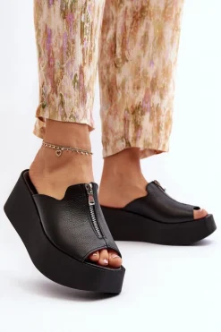Zazoo 2916 Damskie Klapki Na Masywnej Platformie Z Suwakiem Czarne