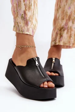 Zazoo 2916 Damskie Klapki Na Masywnej Platformie Z Suwakiem Czarne