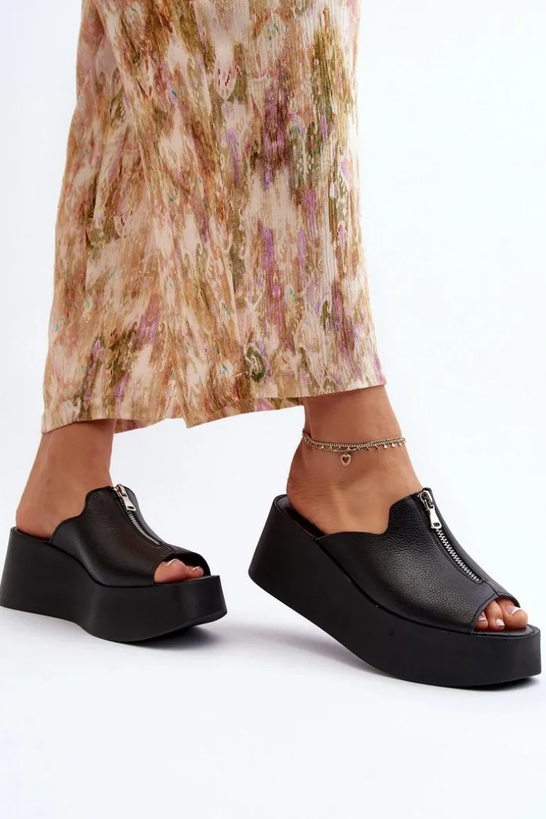 Zazoo 2916 Damskie Klapki Na Masywnej Platformie Z Suwakiem Czarne