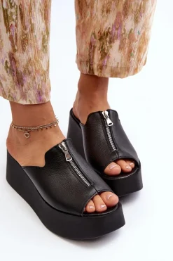 Zazoo 2916 Damskie Klapki Na Masywnej Platformie Z Suwakiem Czarne