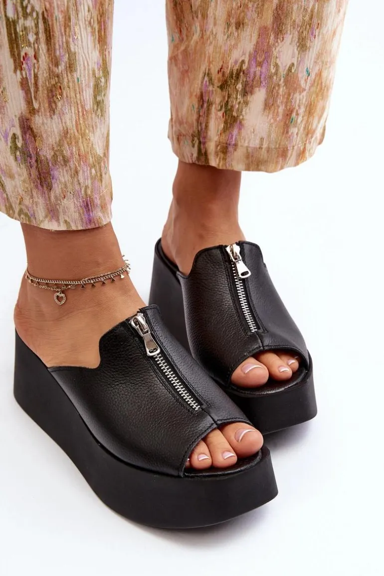 Zazoo 2916 Damskie Klapki Na Masywnej Platformie Z Suwakiem Czarne