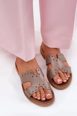 Zazoo 40326 Damskie Klapki Z Ozdobnymi Wycięciami Ciemnobeżowe