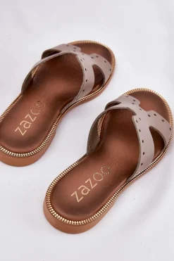 Zazoo 40326 Damskie Klapki Z Ozdobnymi Wycięciami Ciemnobeżowe