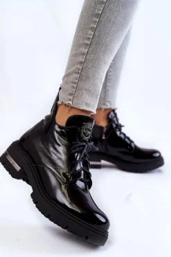 Zazoo 60309 Damskie Lakierowane Botki Na Płaskim Obcasie Czarne