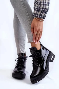 Zazoo 60309 Damskie Lakierowane Botki Na Płaskim Obcasie Czarne