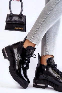 Zazoo 60309 Damskie Lakierowane Botki Na Płaskim Obcasie Czarne