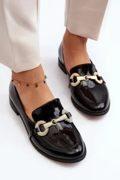 Zazoo 2880 Damskie Mokasyny Lakierowane Z Ozdobą Czarne