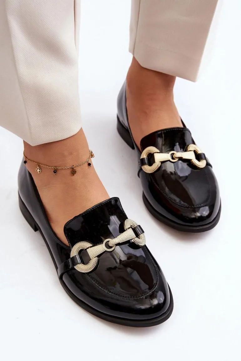 Zazoo 2880 Damskie Mokasyny Lakierowane Z Ozdobą Czarne