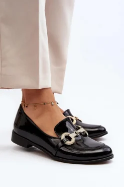 Zazoo 2880 Damskie Mokasyny Lakierowane Z Ozdobą Czarne