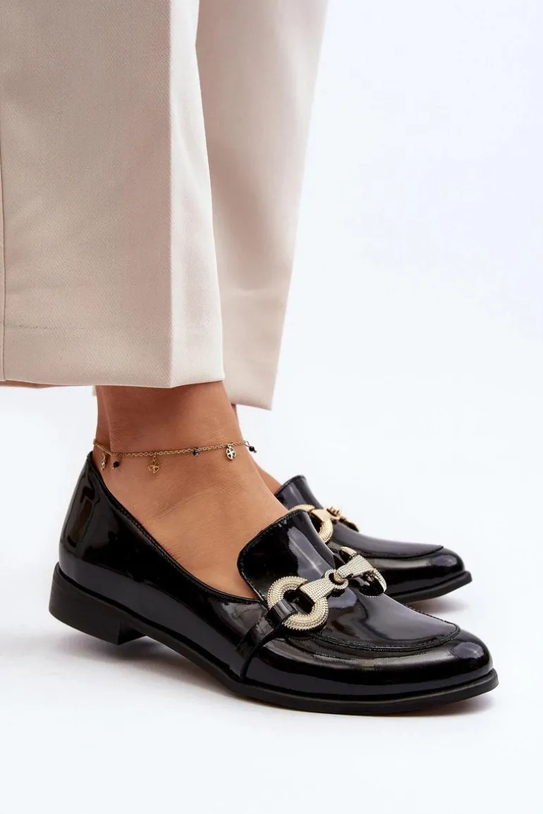 Zazoo 2880 Damskie Mokasyny Lakierowane Z Ozdobą Czarne