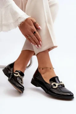 Zazoo 2880 Damskie Mokasyny Lakierowane Z Ozdobą Czarne