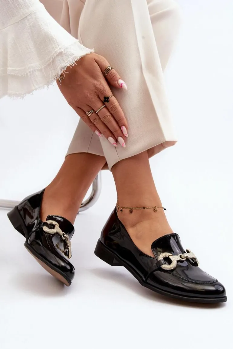 Zazoo 2880 Damskie Mokasyny Lakierowane Z Ozdobą Czarne