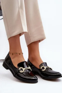 Zazoo 2880 Damskie Mokasyny Lakierowane Z Ozdobą Czarne