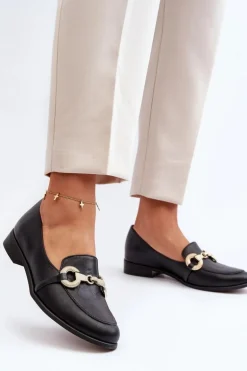 Zazoo 2880 Damskie Mokasyny Skórzane Z Ozdobą Czarne