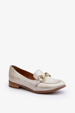 Zazoo 2880 Damskie Mokasyny Skórzane Z Ozdobą Złote