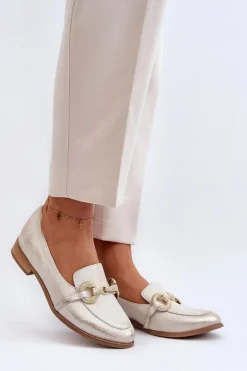 Zazoo 2880 Damskie Mokasyny Skórzane Z Ozdobą Złote