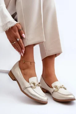 Zazoo 2880 Damskie Mokasyny Skórzane Z Ozdobą Złote