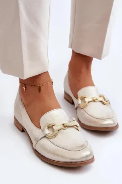 Zazoo 2880 Damskie Mokasyny Skórzane Z Ozdobą Złote