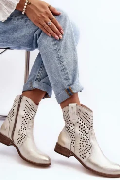 Zazoo 3305/2 Damskie Skórzane Ażurowe Botki Kowbojki Złote