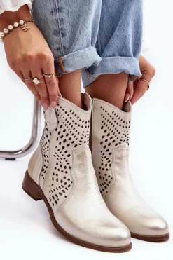 Zazoo 3305/2 Damskie Skórzane Ażurowe Botki Kowbojki Złote