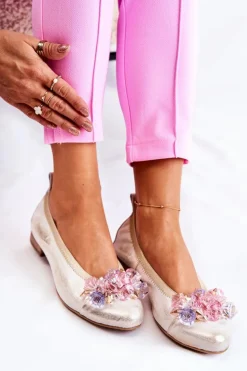 Zazoo 2749 Damskie Skórzane Baleriny Z Kryształkami Biało-Złote