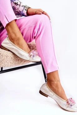 Zazoo 2749 Damskie Skórzane Baleriny Z Kryształkami Biało-Złote