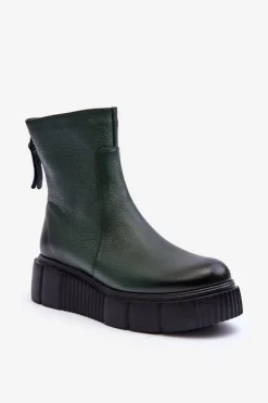 Zazoo 60369 Damskie Skórzane Botki Na Platformie Zielone