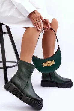 Zazoo 60369 Damskie Skórzane Botki Na Platformie Zielone