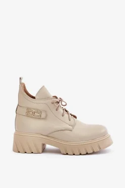 Zazoo 60483 Damskie Skórzane Botki Z Niską Cholewką Ocieplane Beżowe