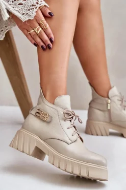 Zazoo 60483 Damskie Skórzane Botki Z Niską Cholewką Ocieplane Beżowe