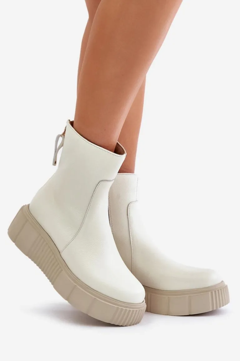 Zazoo 60369 Damskie Skórzane Botki Na Platformie Jasnobeżowe