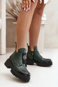 Zazoo 60451 Damskie Skórzane Botki Z Ozdobą Ciemnozielone