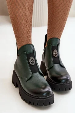 Zazoo 60451 Damskie Skórzane Botki Z Ozdobą Ciemnozielone
