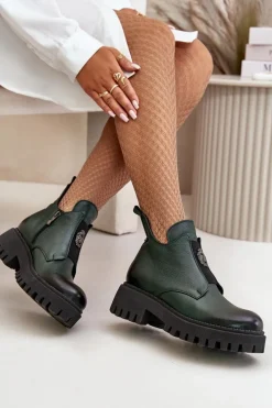 Zazoo 60451 Damskie Skórzane Botki Z Ozdobą Ciemnozielone