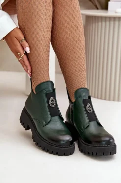 Zazoo 60451 Damskie Skórzane Botki Z Ozdobą Ciemnozielone