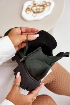 Zazoo 60451 Damskie Skórzane Botki Z Ozdobą Ciemnozielone